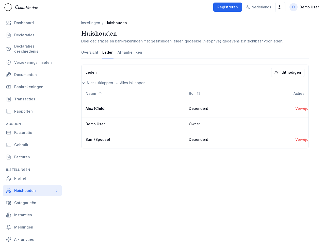 ClaimStation huishouden leden instellingen